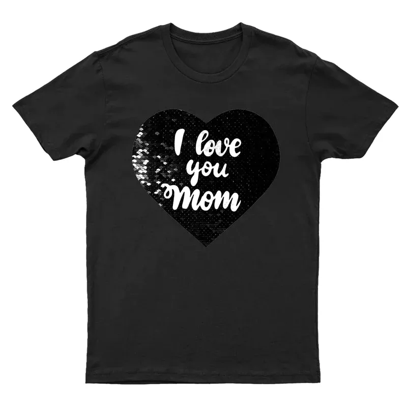 Custom Photo&Text DIY Heart Flip Sequin T-shirt Unisex Shirt Cotton Sequin Tee Mother's Day Gifts