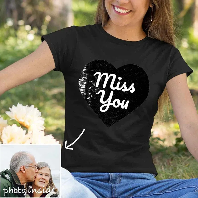 Custom Photo&Text DIY Heart Flip Sequin T-shirt Unisex Shirt Cotton Sequin Tee Mother's Day Gifts