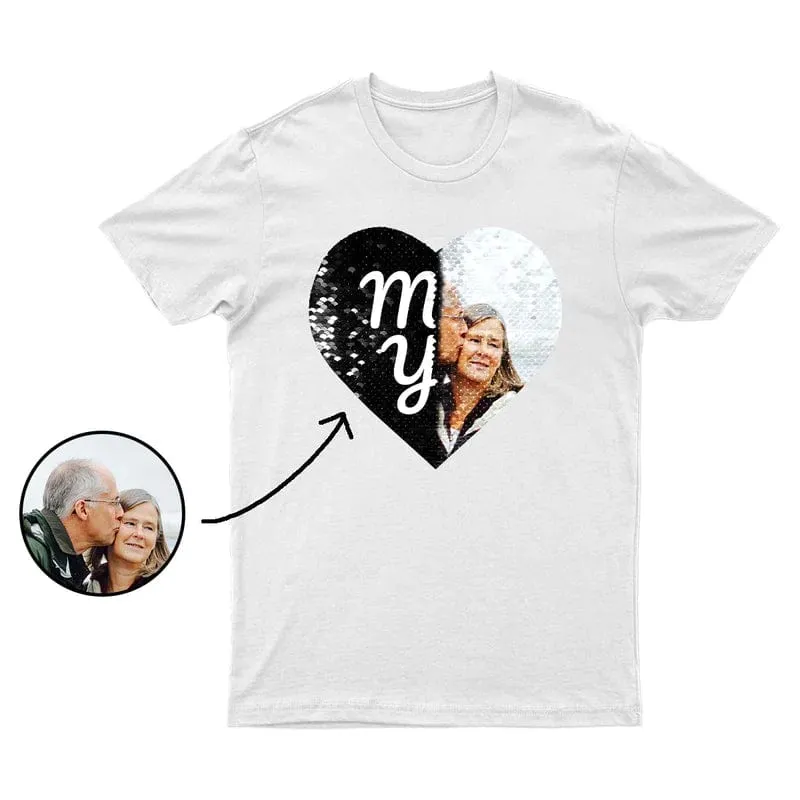 Custom Photo&Text DIY Heart Flip Sequin T-shirt Unisex Shirt Cotton Sequin Tee Mother's Day Gifts