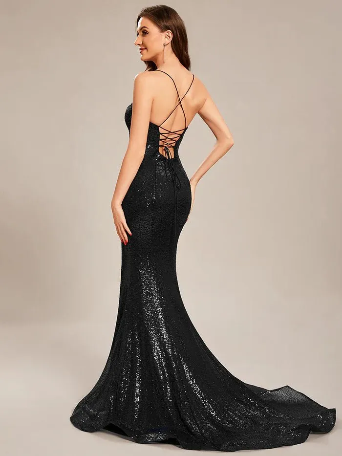 Deep V-Neck Paillette Spit Bodycon Fishtail Custom Evening Dress