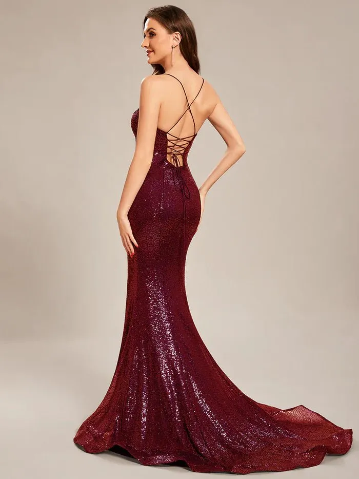 Deep V-Neck Paillette Spit Bodycon Fishtail Custom Evening Dress