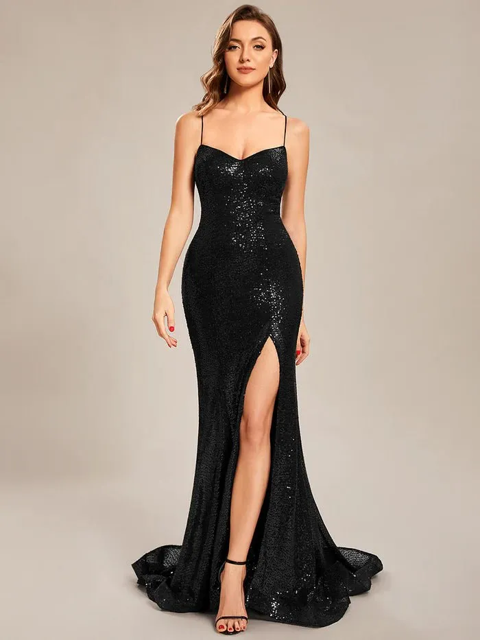 Deep V-Neck Paillette Spit Bodycon Fishtail Custom Evening Dress