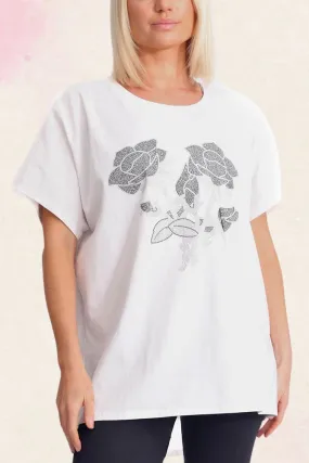 Diamante Rose Flower Pattern Cotton Top