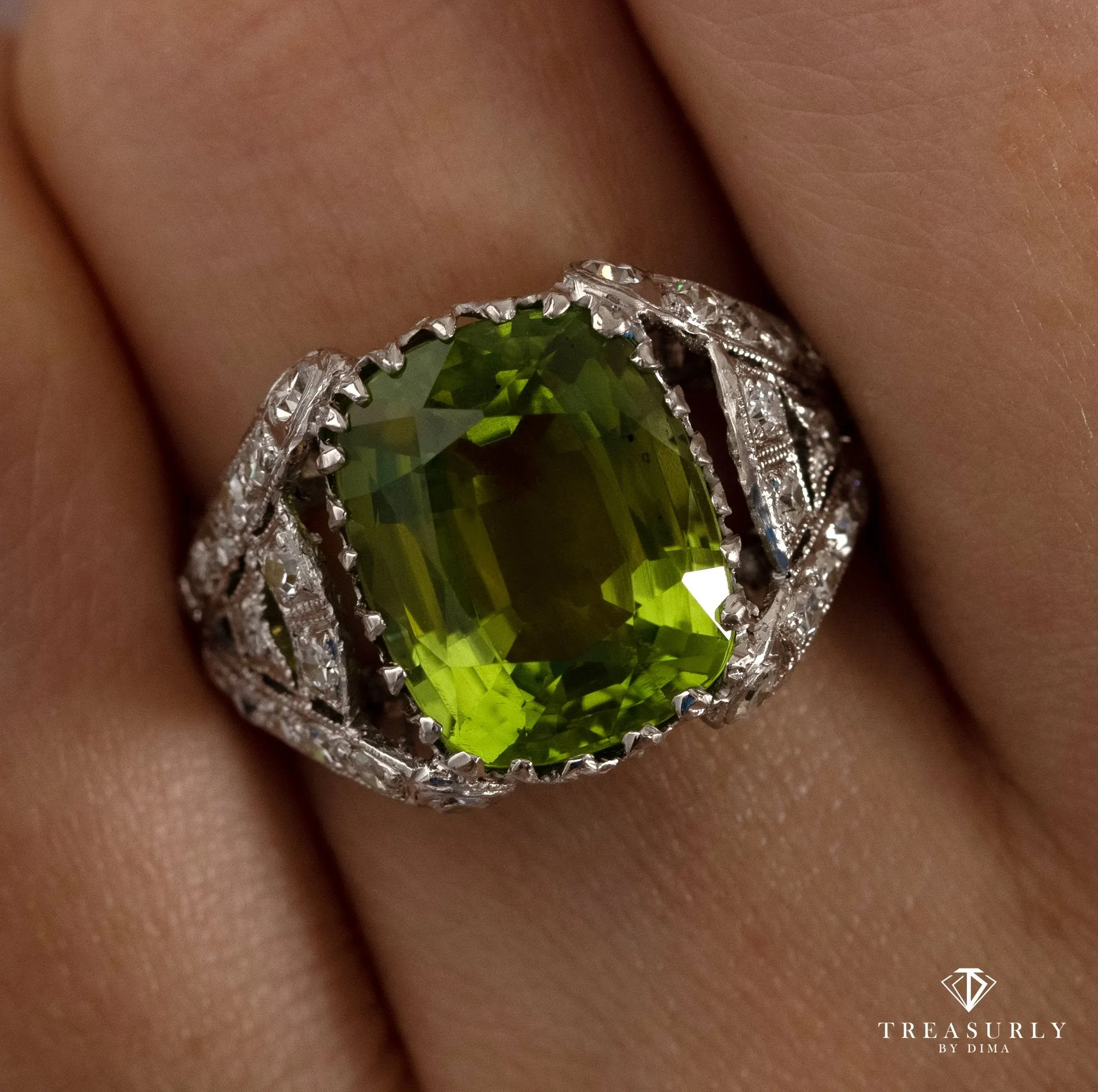 Edwardian GIA 7.87ct PERIDOT & DIAMOND Platinum Antique Vintage Ring