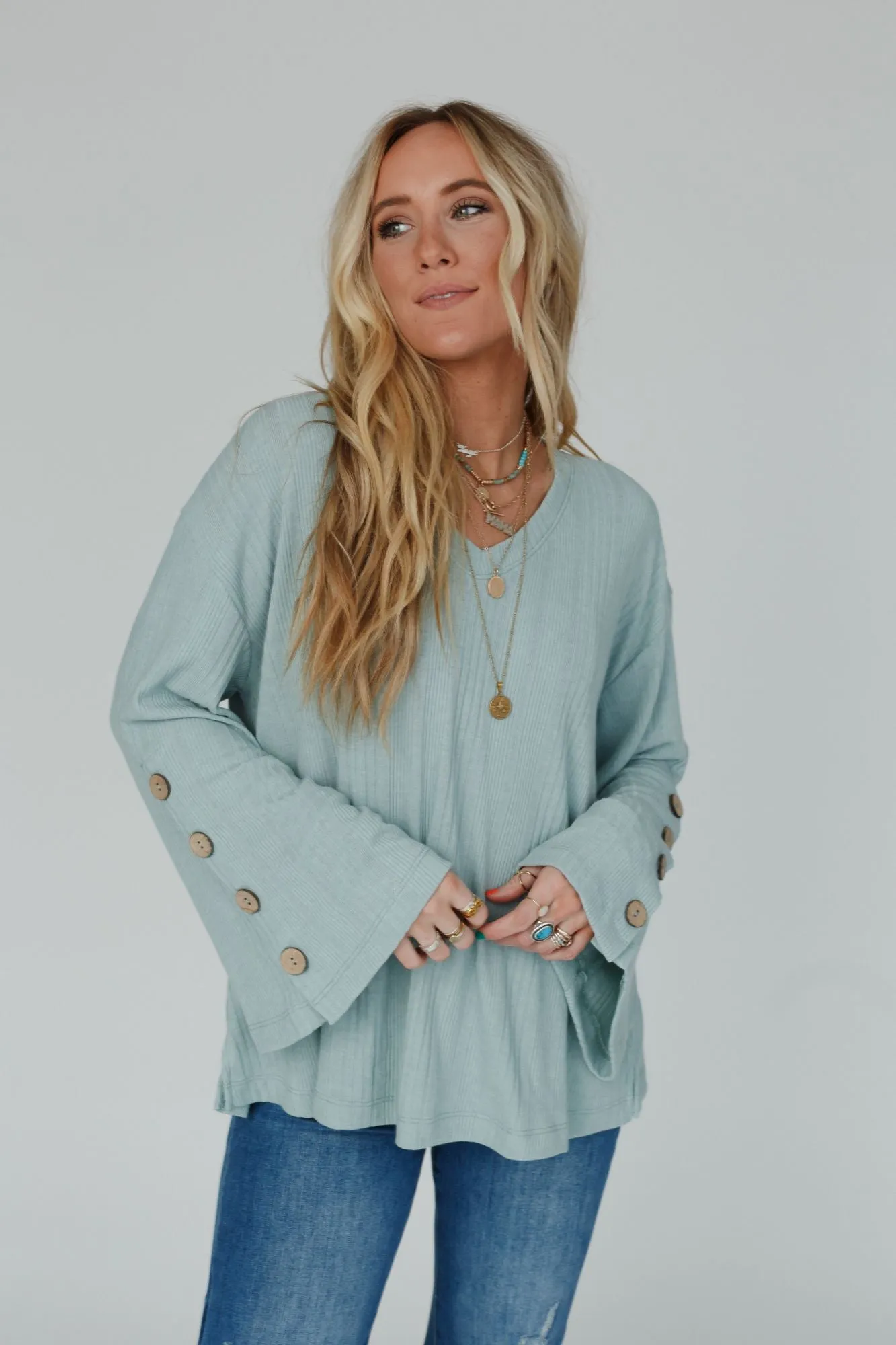 French Cafe Ribbed Knit Sweater Top - Mint