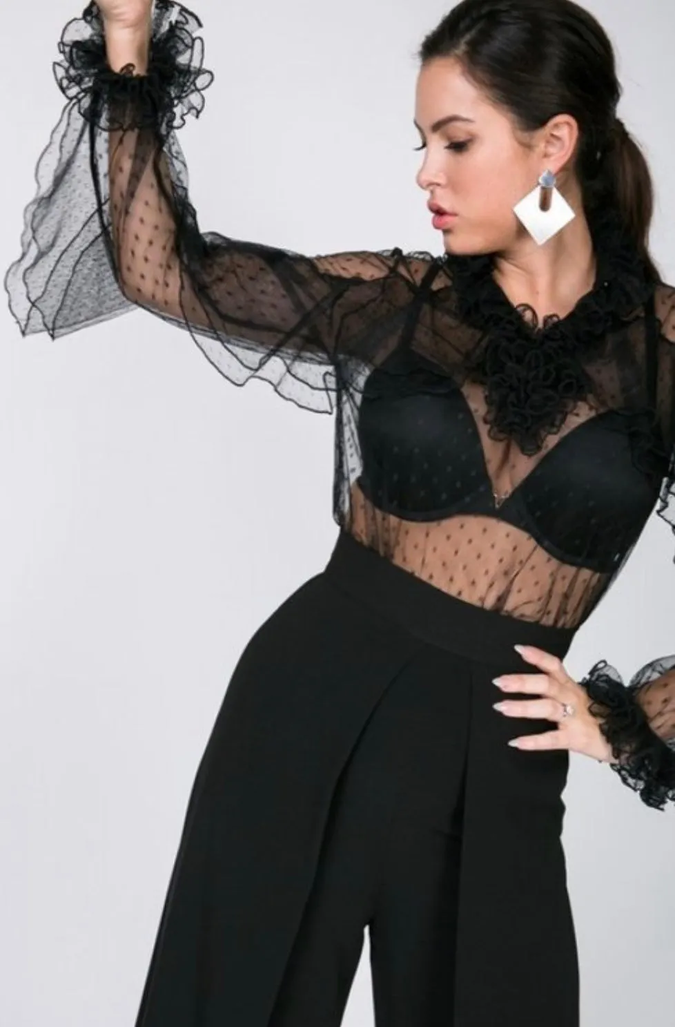 Frilly Black Cascading Ruffle Mesh Dot Blouse Top