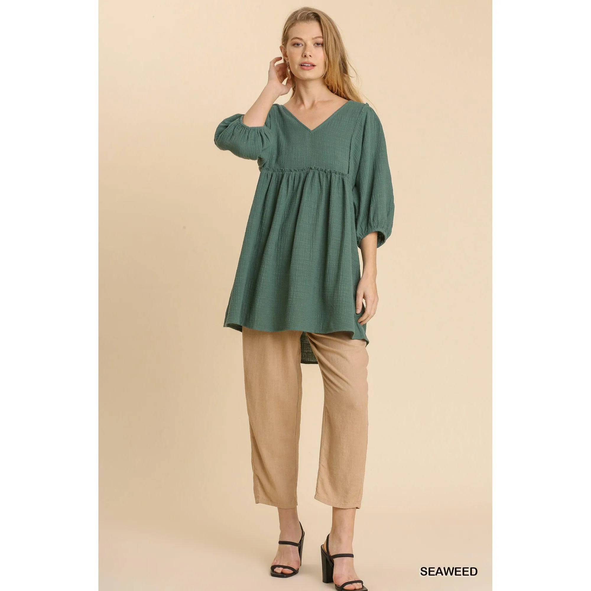 Gauze Slub V-neck Frayed Edge Detail Tunic Dress