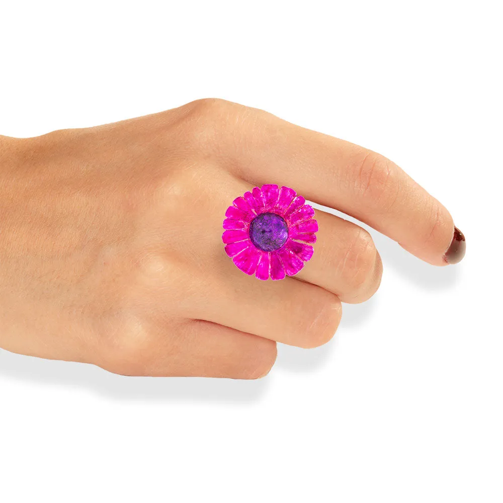 Handmade Silver Purple Fuchsia Daisy Flower Ring