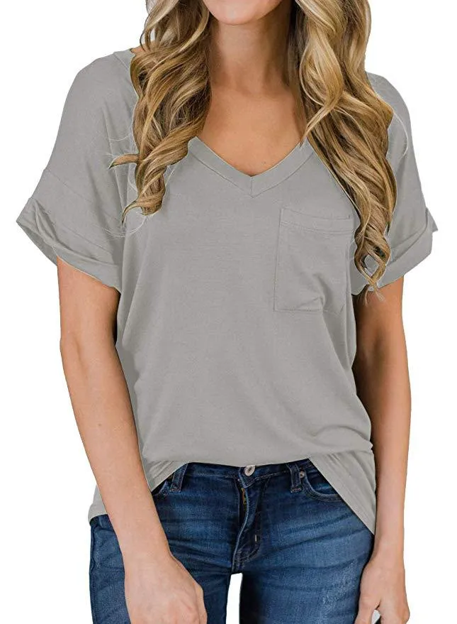 Haute Edition Women's Loose Relaxed Fit V-Neck SummerTopT-Shirt With Pocket