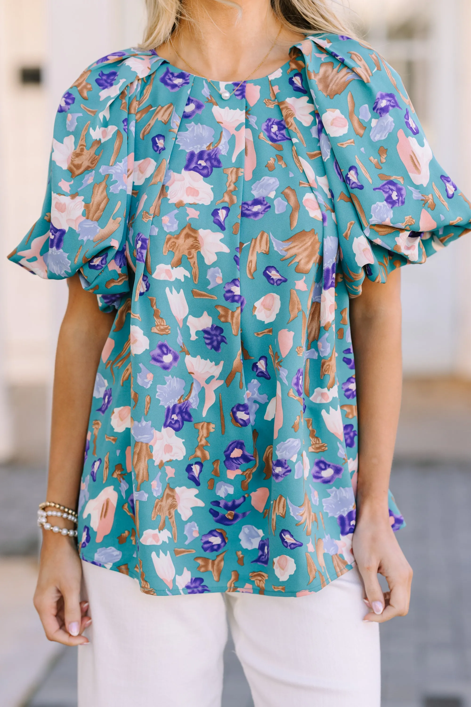 How It Feels Teal Blue Floral Blouse