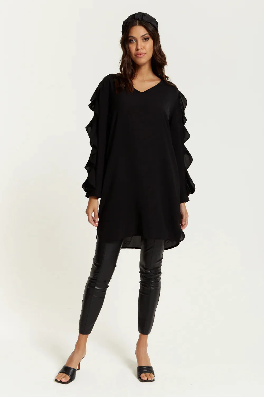 Hoxton Gal Oversized V Neck Ruffle Sleeves Tunic