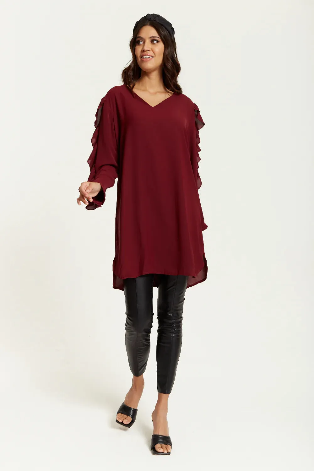 Hoxton Gal Oversized V Neck Ruffle Sleeves Tunic