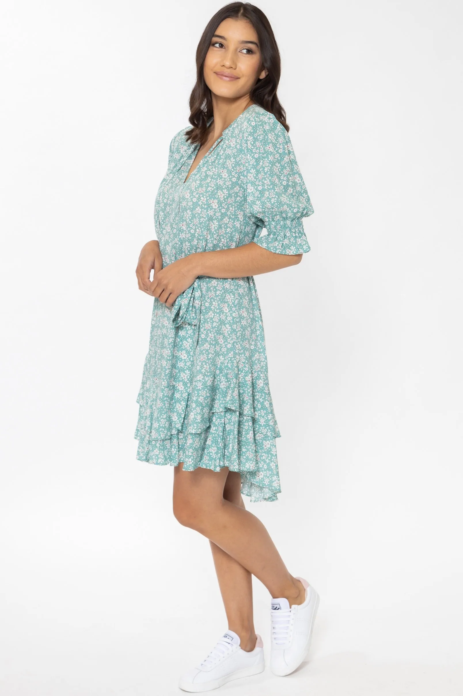 Isabella Sage Floral SS Frill Hem Dress