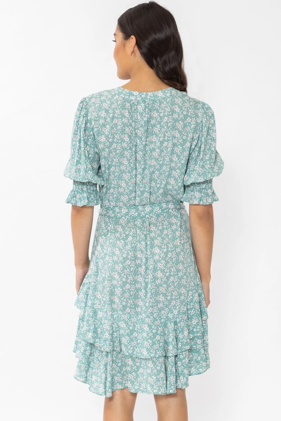 Isabella Sage Floral SS Frill Hem Dress