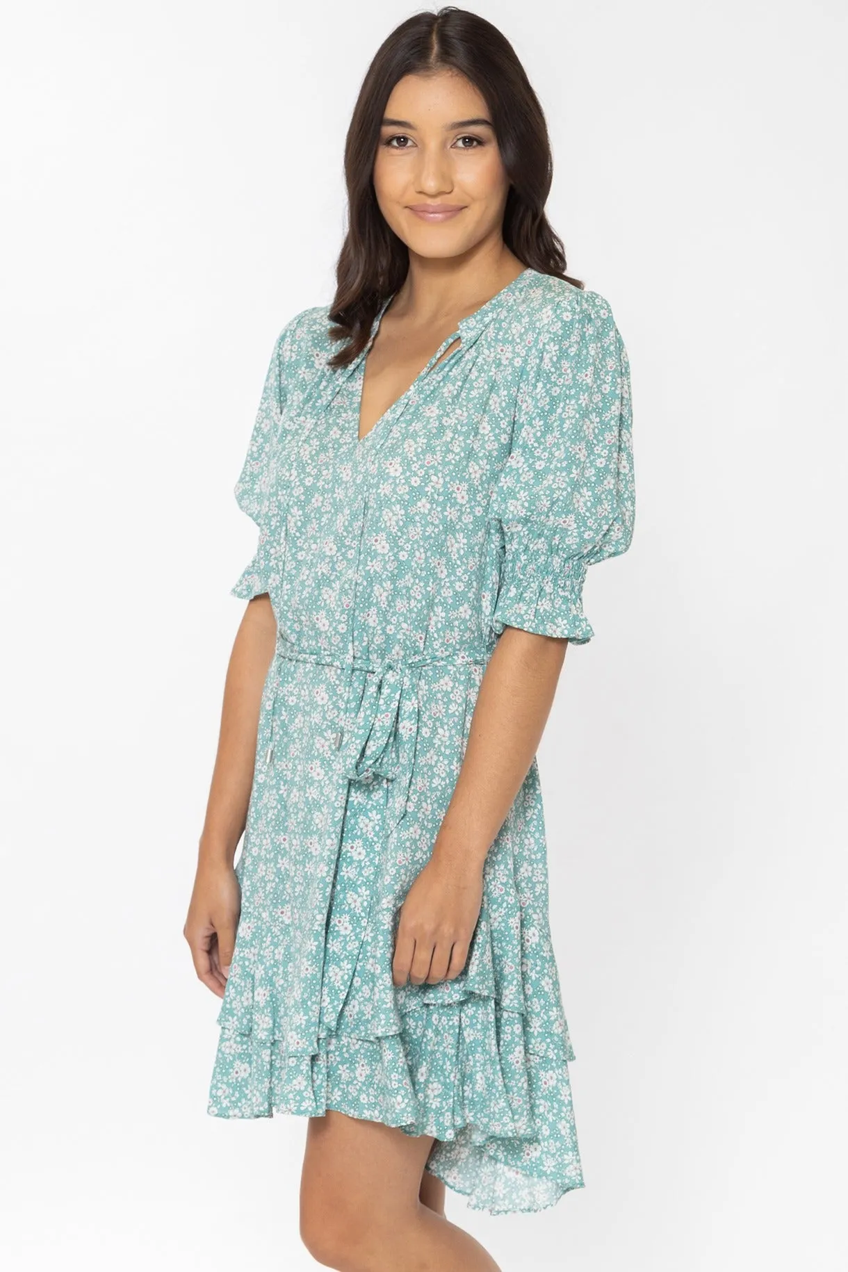 Isabella Sage Floral SS Frill Hem Dress