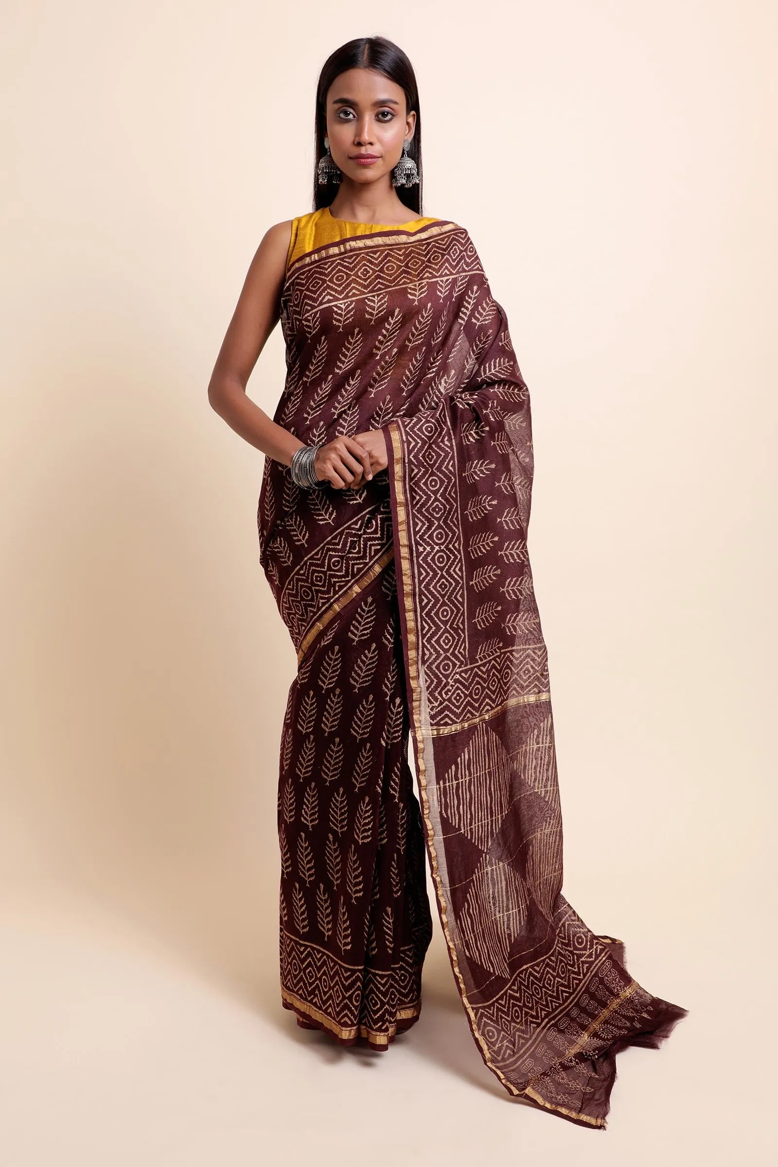 Jibhi Pine Tree Chanderi Cotton Silk Saree with Khari Handblock