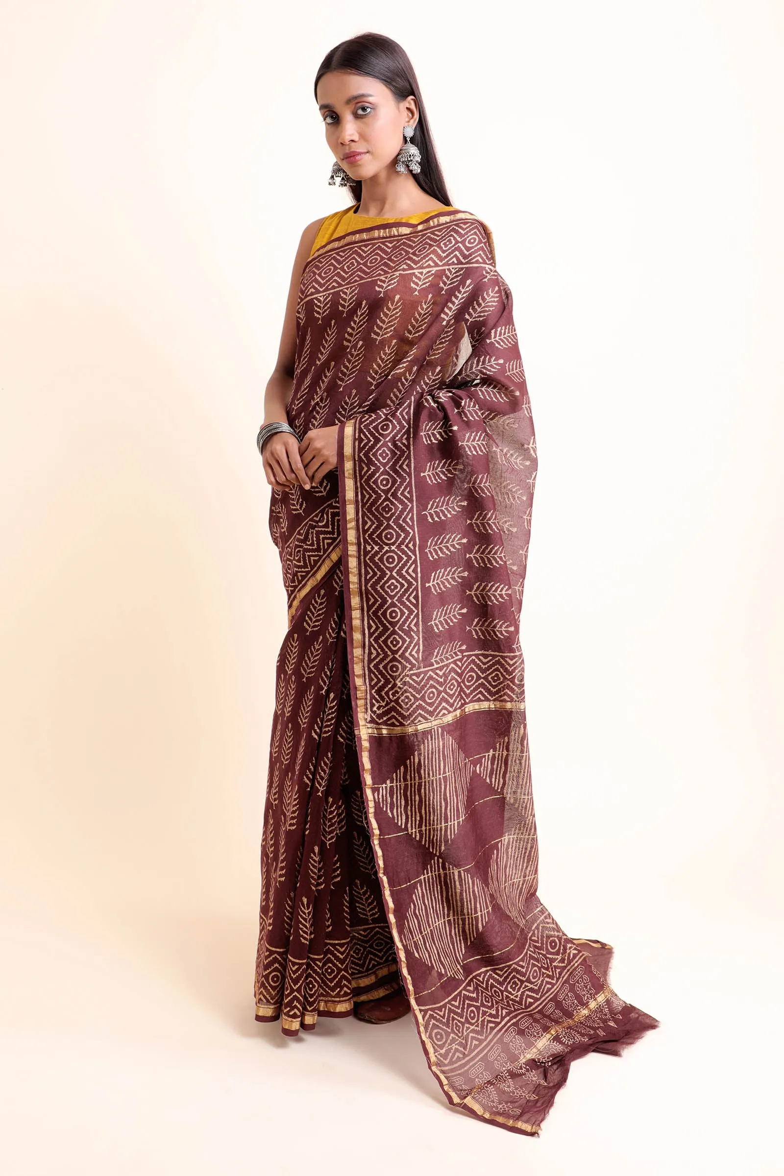 Jibhi Pine Tree Chanderi Cotton Silk Saree with Khari Handblock