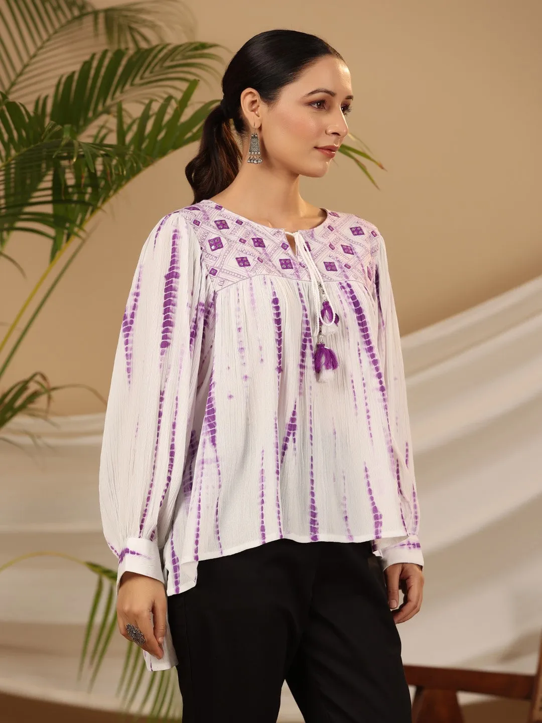 Juniper Lavender Mirror Embroidered Rayon Crepe Tie-Dye Tunic With Tassels