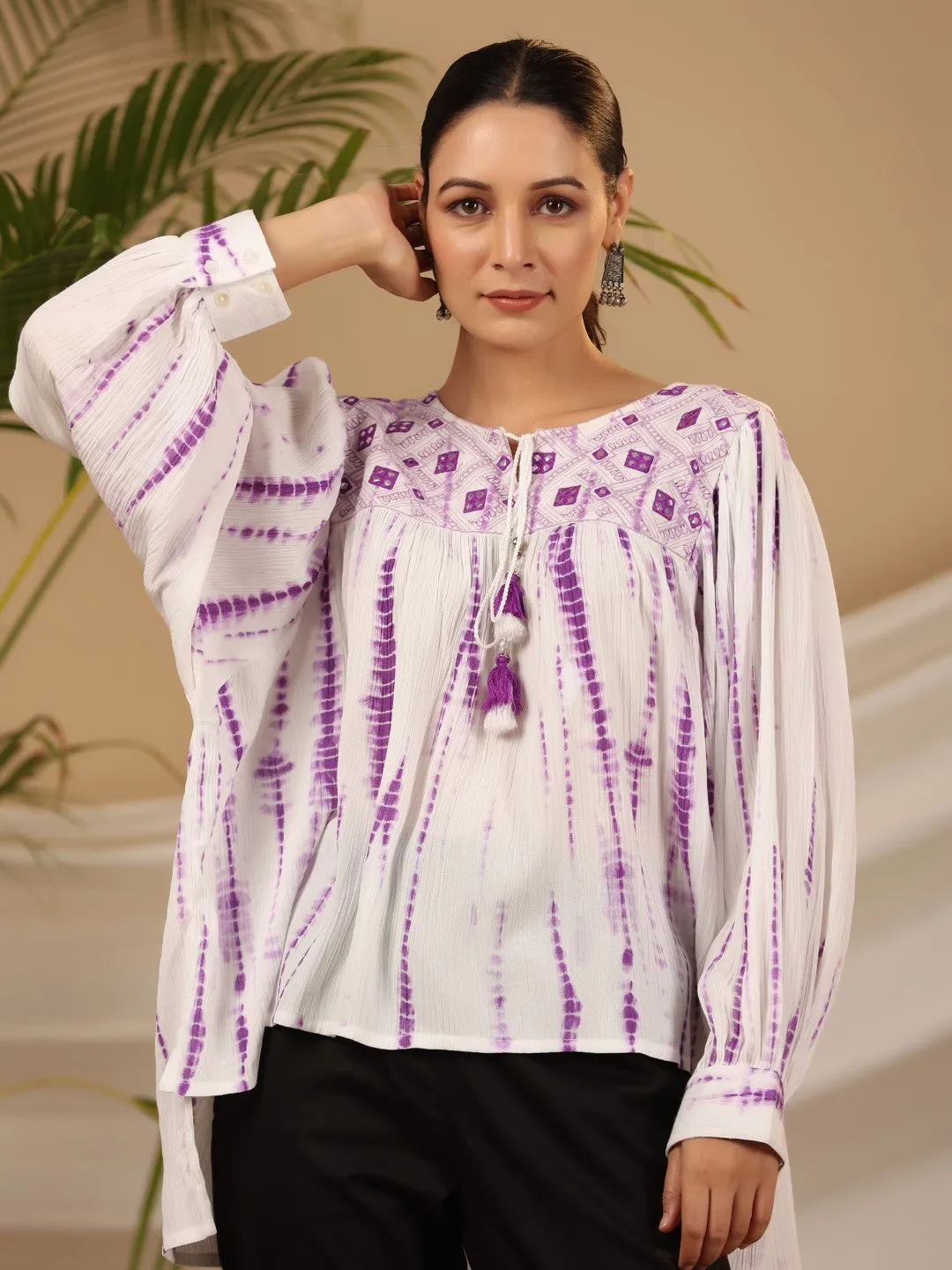 Juniper Lavender Mirror Embroidered Rayon Crepe Tie-Dye Tunic With Tassels