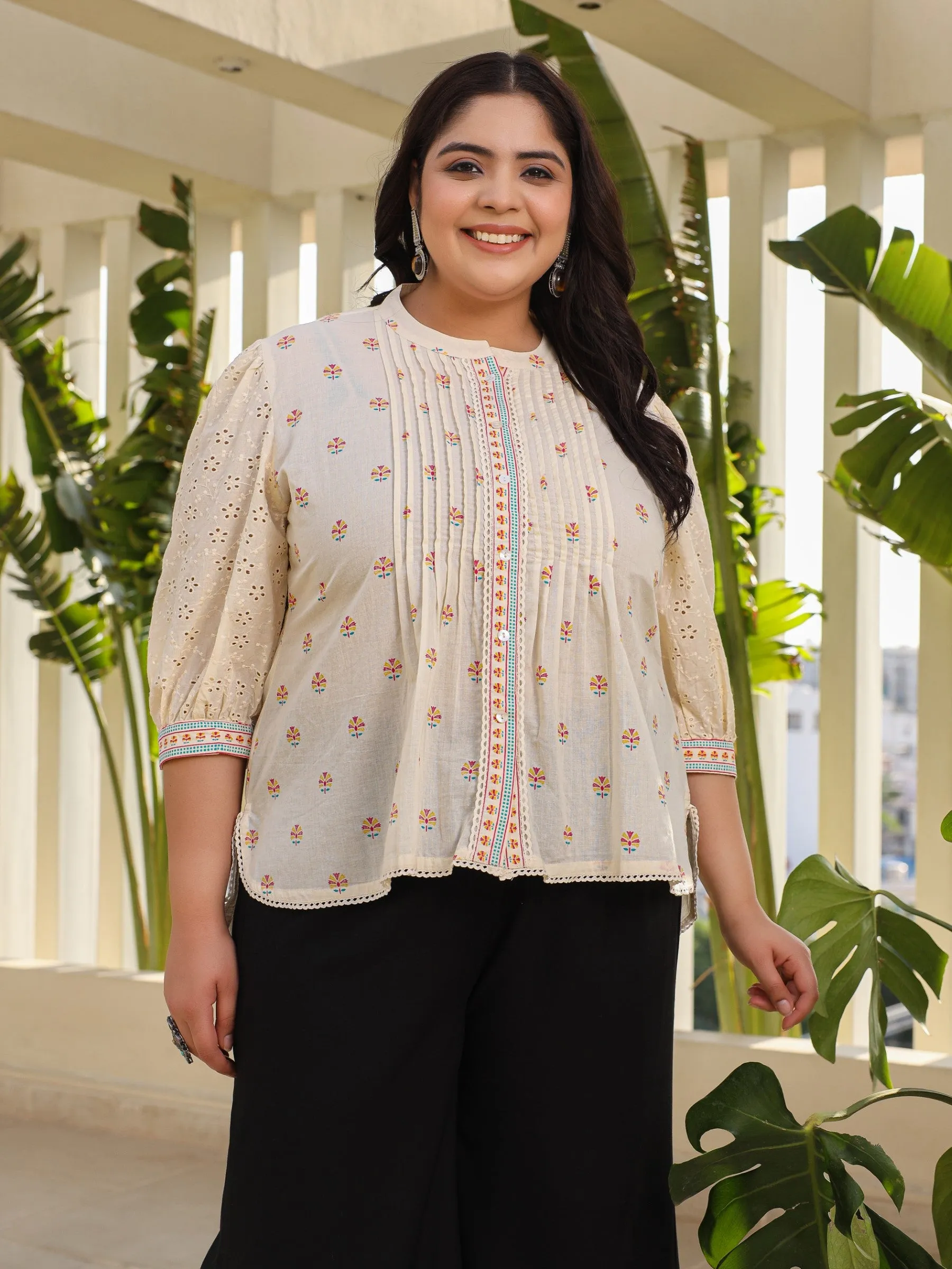 Juniper Off-White Ethnic Motif Printed Cotton Plus Size High-Low Tunic With Pintucks & Lace