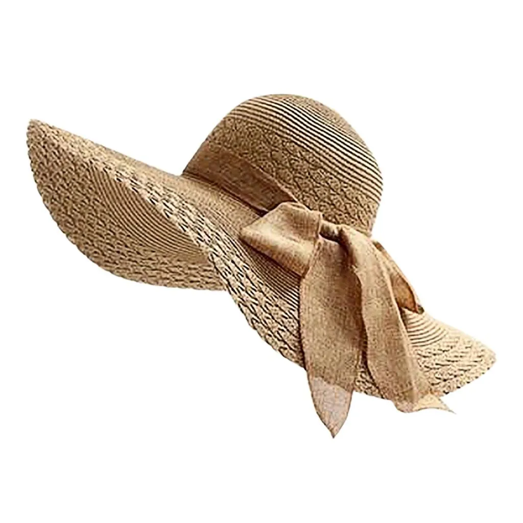 Ladies Wide Brim Floppy Straw Sun Hat with Bowknot