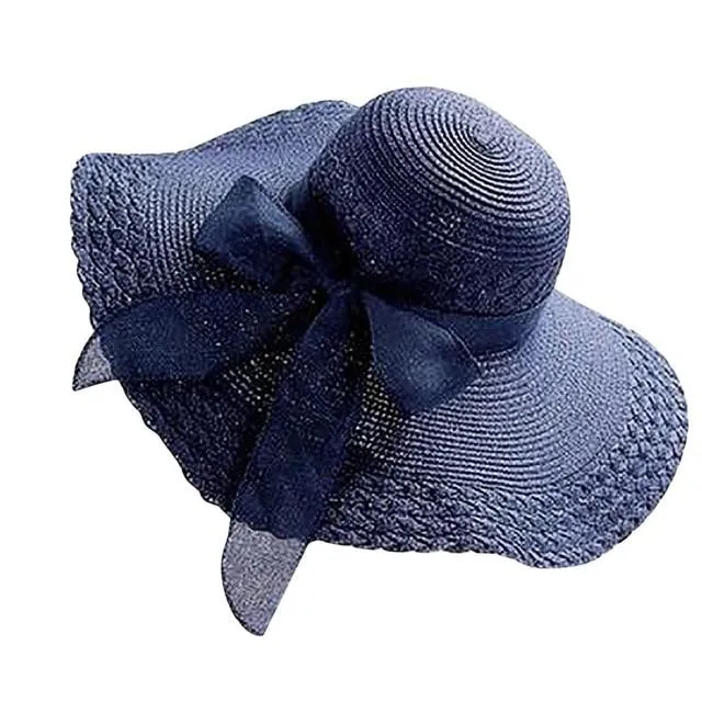 Ladies Wide Brim Floppy Straw Sun Hat with Bowknot