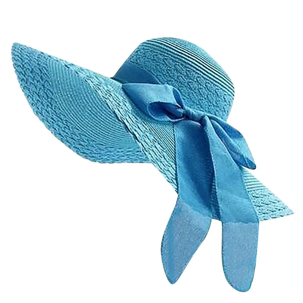 Ladies Wide Brim Floppy Straw Sun Hat with Bowknot