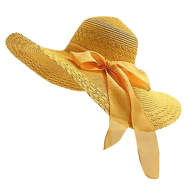 Ladies Wide Brim Floppy Straw Sun Hat with Bowknot