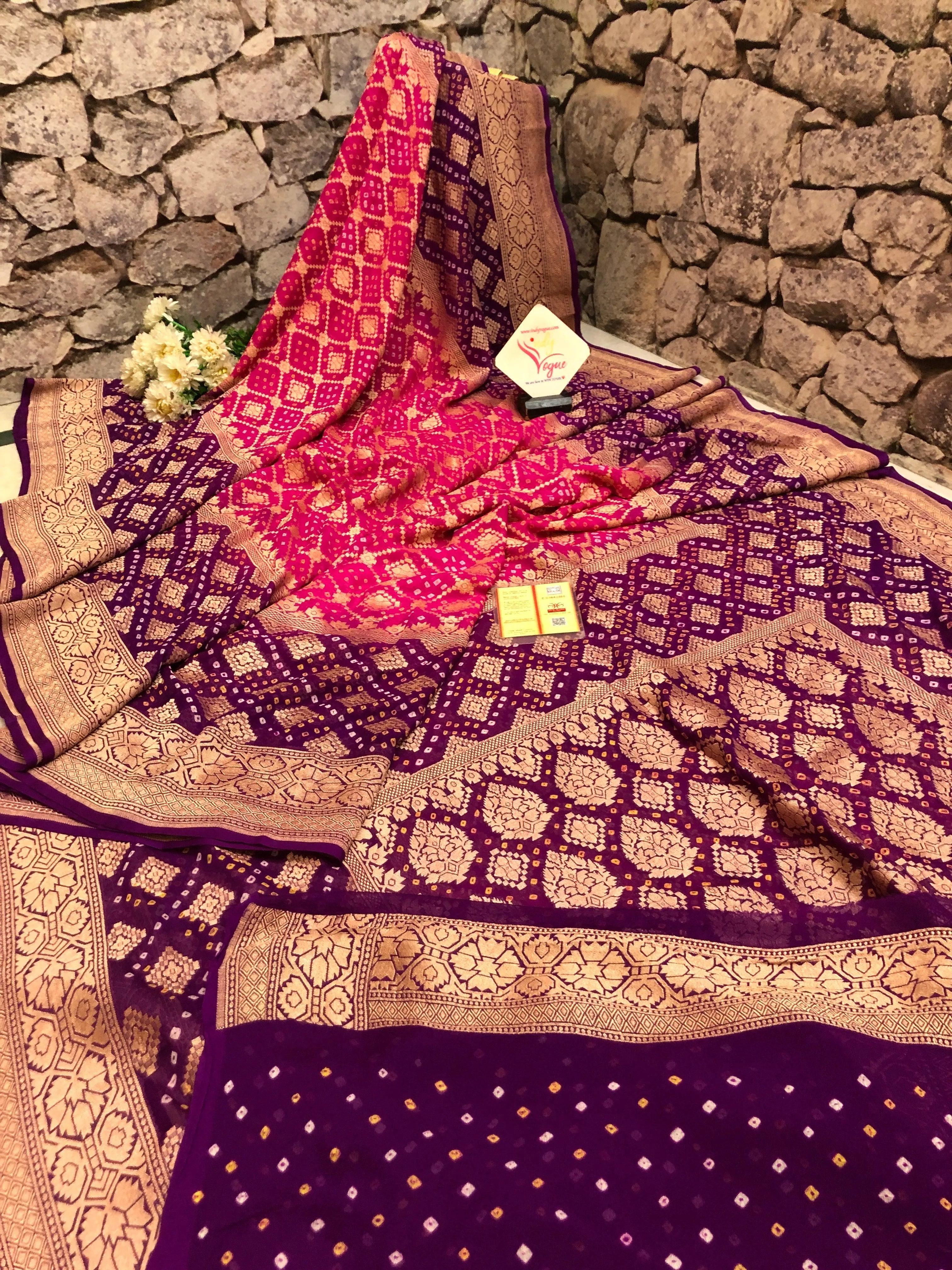 Magenta and Purple Color Georgette Banarasi with Hand Bandhani Work