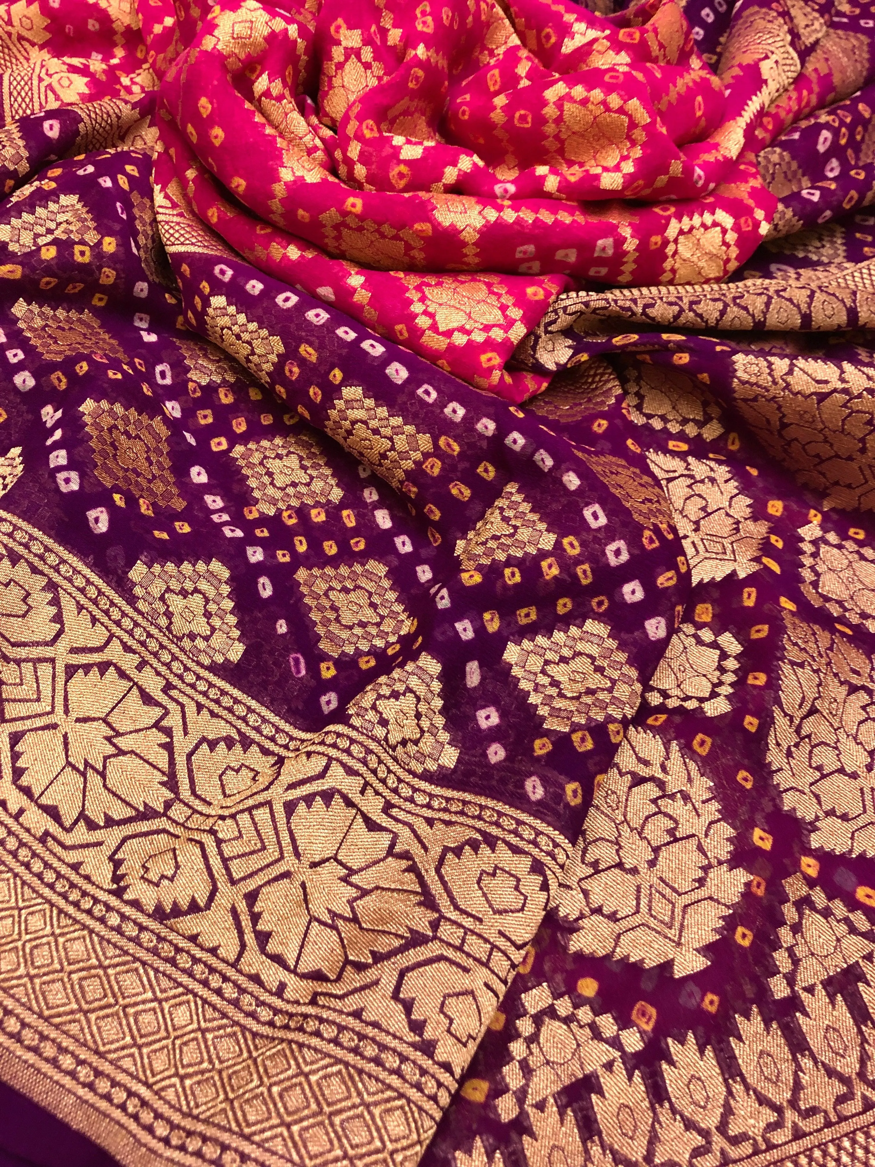 Magenta and Purple Color Georgette Banarasi with Hand Bandhani Work