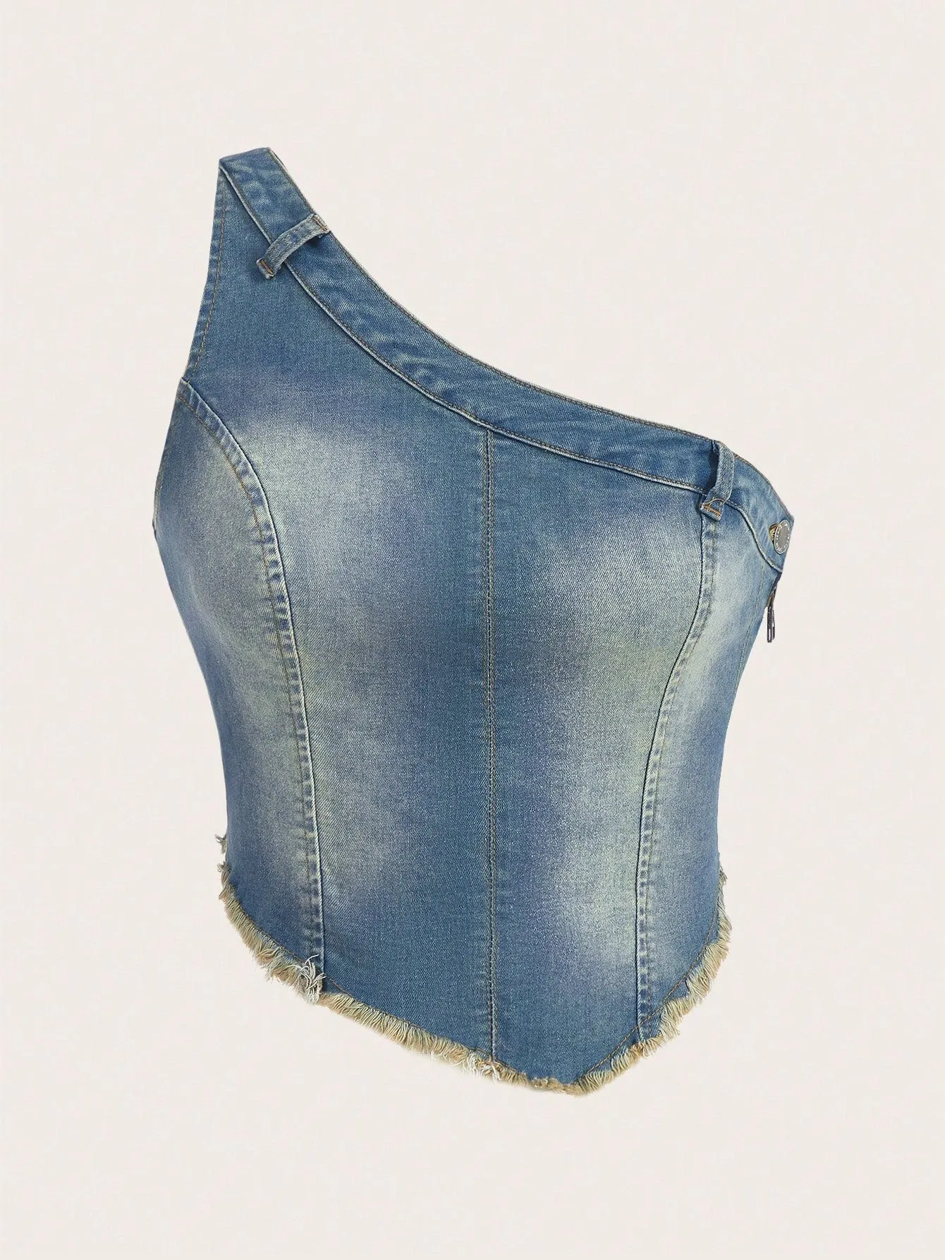 One Shoulder Asymmetrical Hem Denim Top