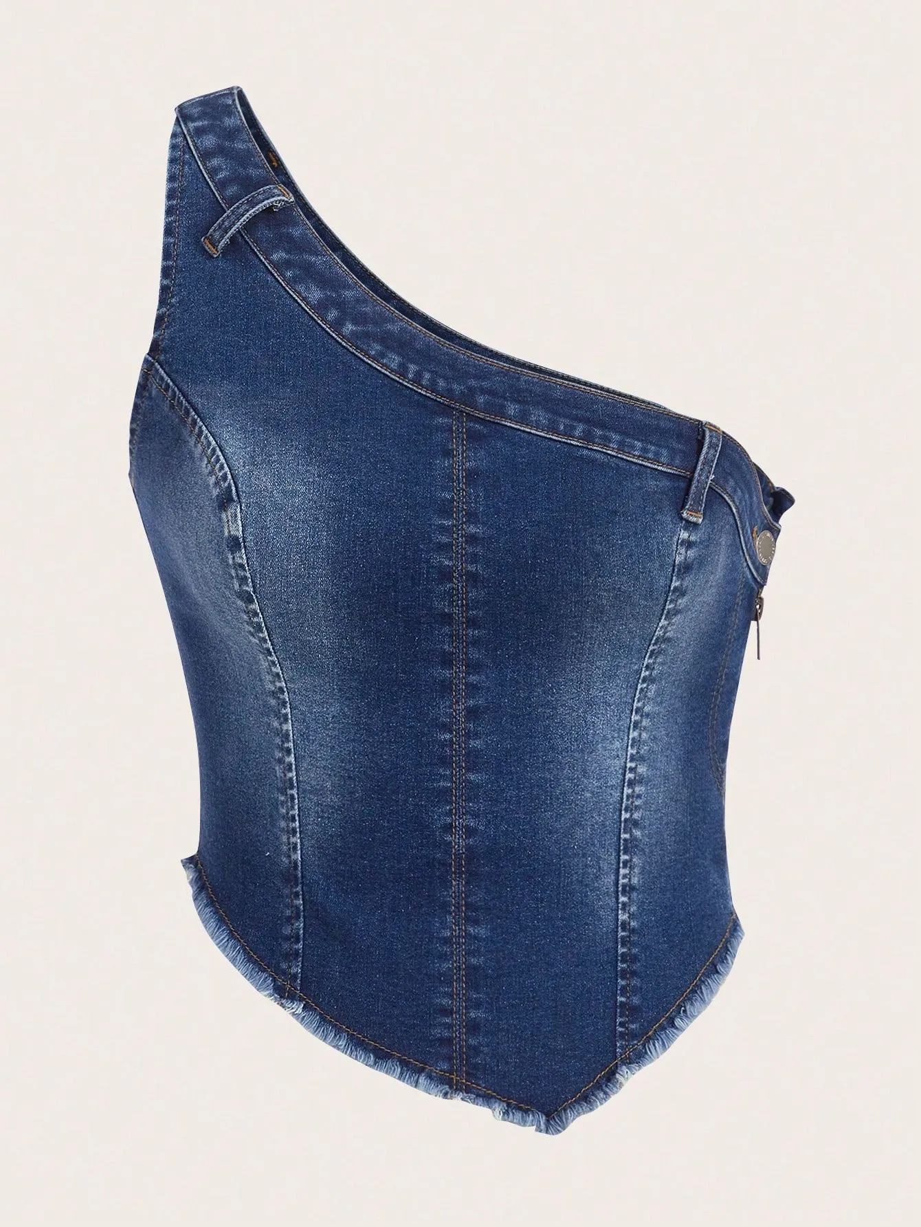 One Shoulder Asymmetrical Hem Denim Top