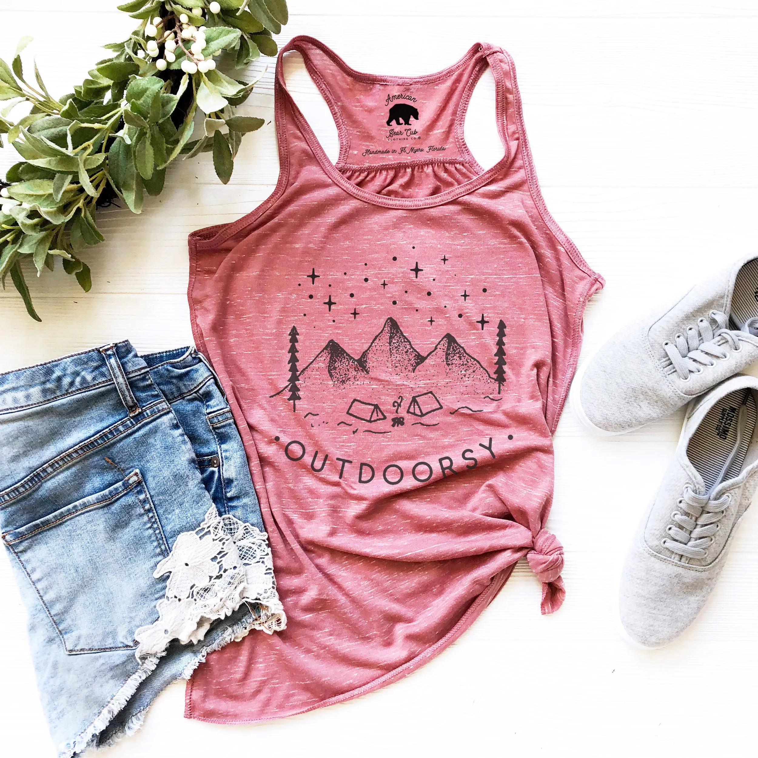 Outdoorsy Camping in the Mountains flowy racerback tank tops