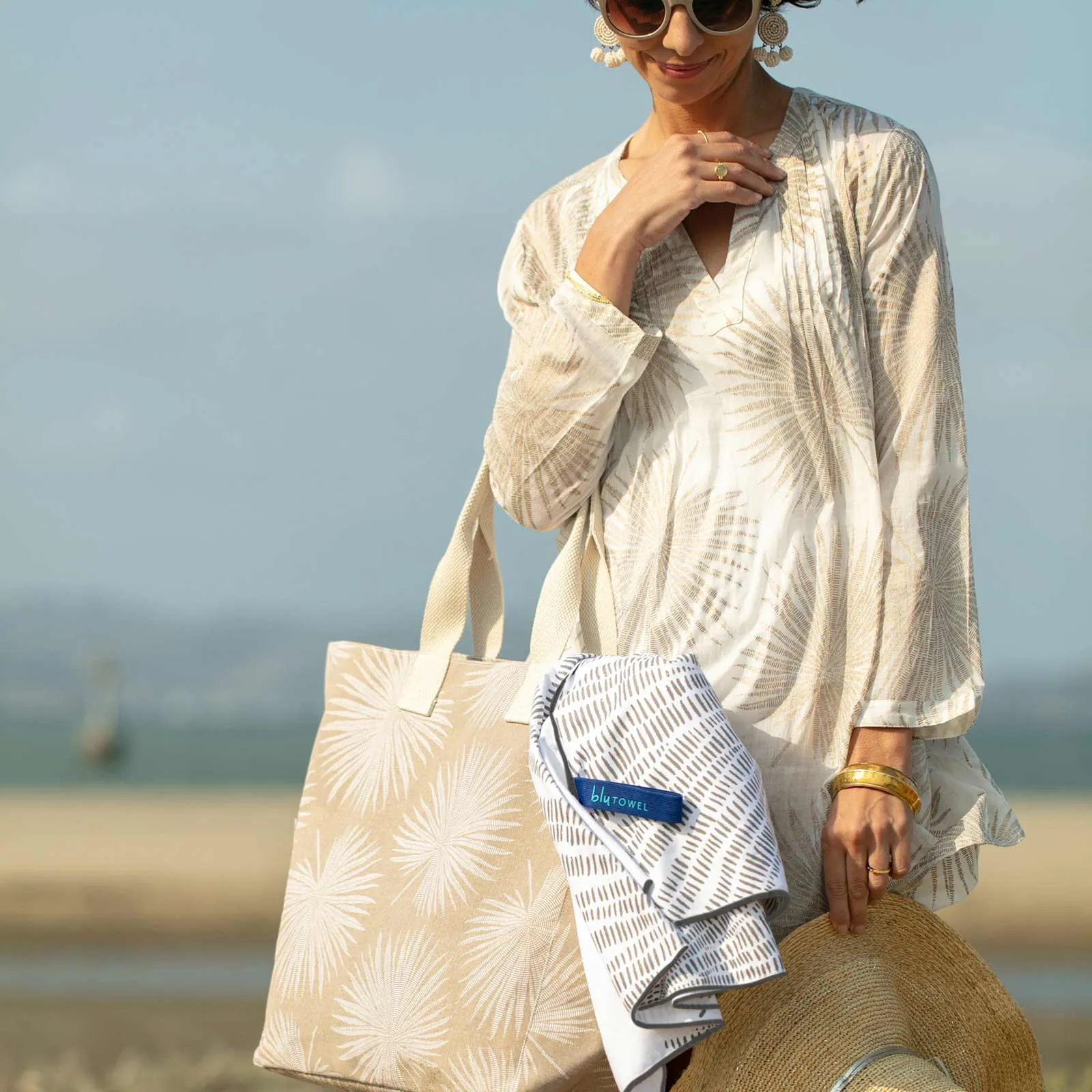 Palm Gold blu Cotton Pintuck Beach Cover Up