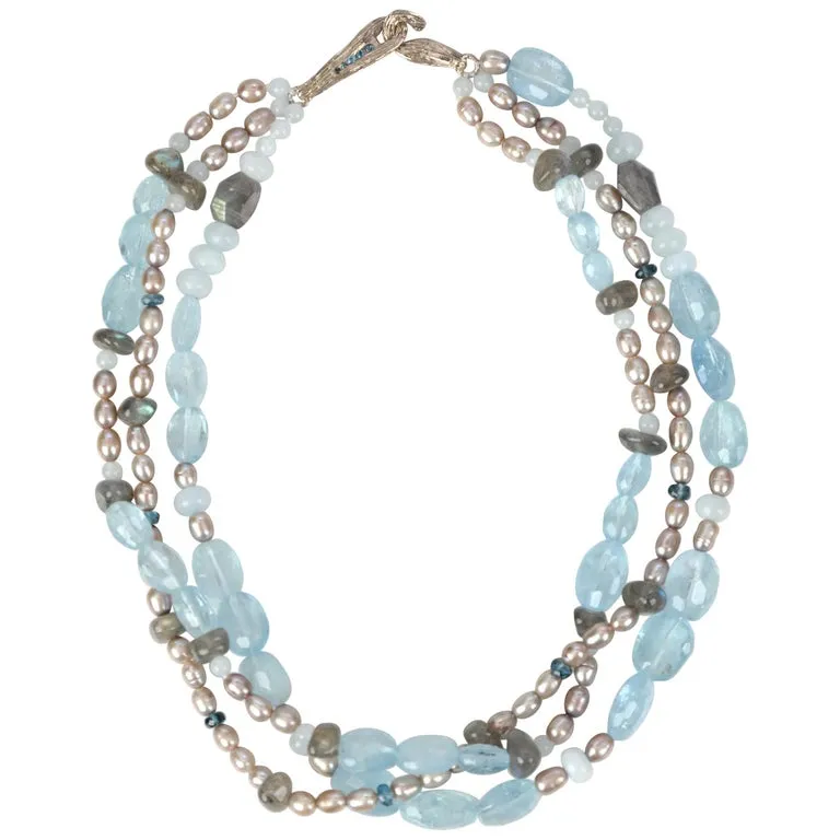 Pearl, Aquamarine, Topaz, Labradorite, and White Gold Necklace