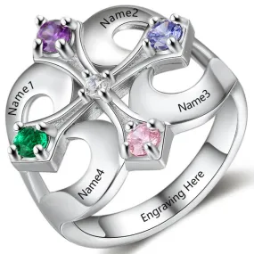 Personalized Iron Cross Mother's Ring 4 Birthstones 4 Engraved Names