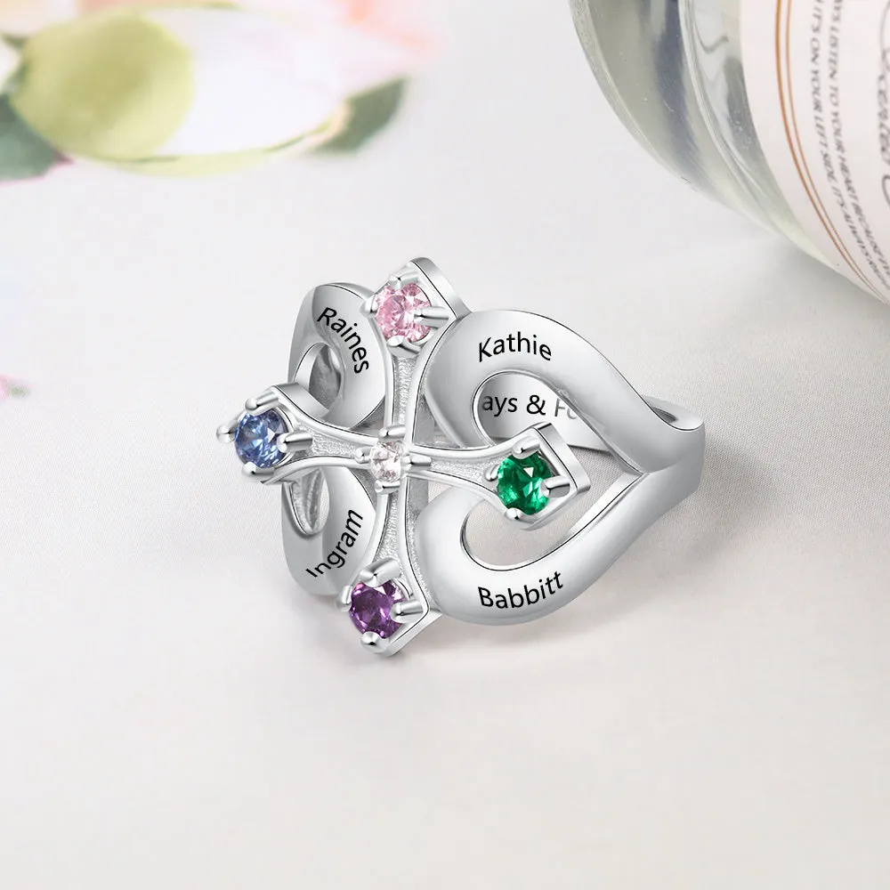 Personalized Iron Cross Mother's Ring 4 Birthstones 4 Engraved Names