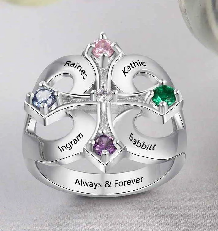 Personalized Iron Cross Mother's Ring 4 Birthstones 4 Engraved Names