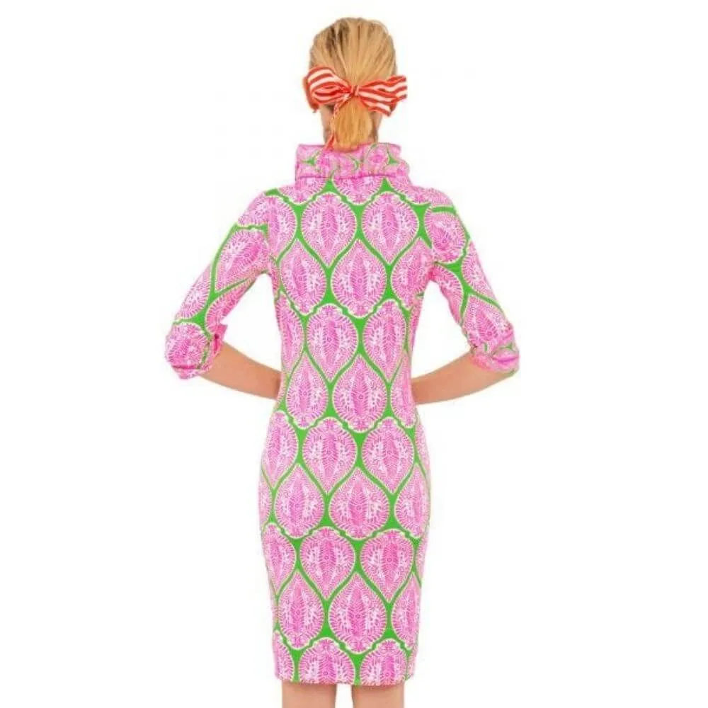 Pink and Green Ruffle Neck Dress