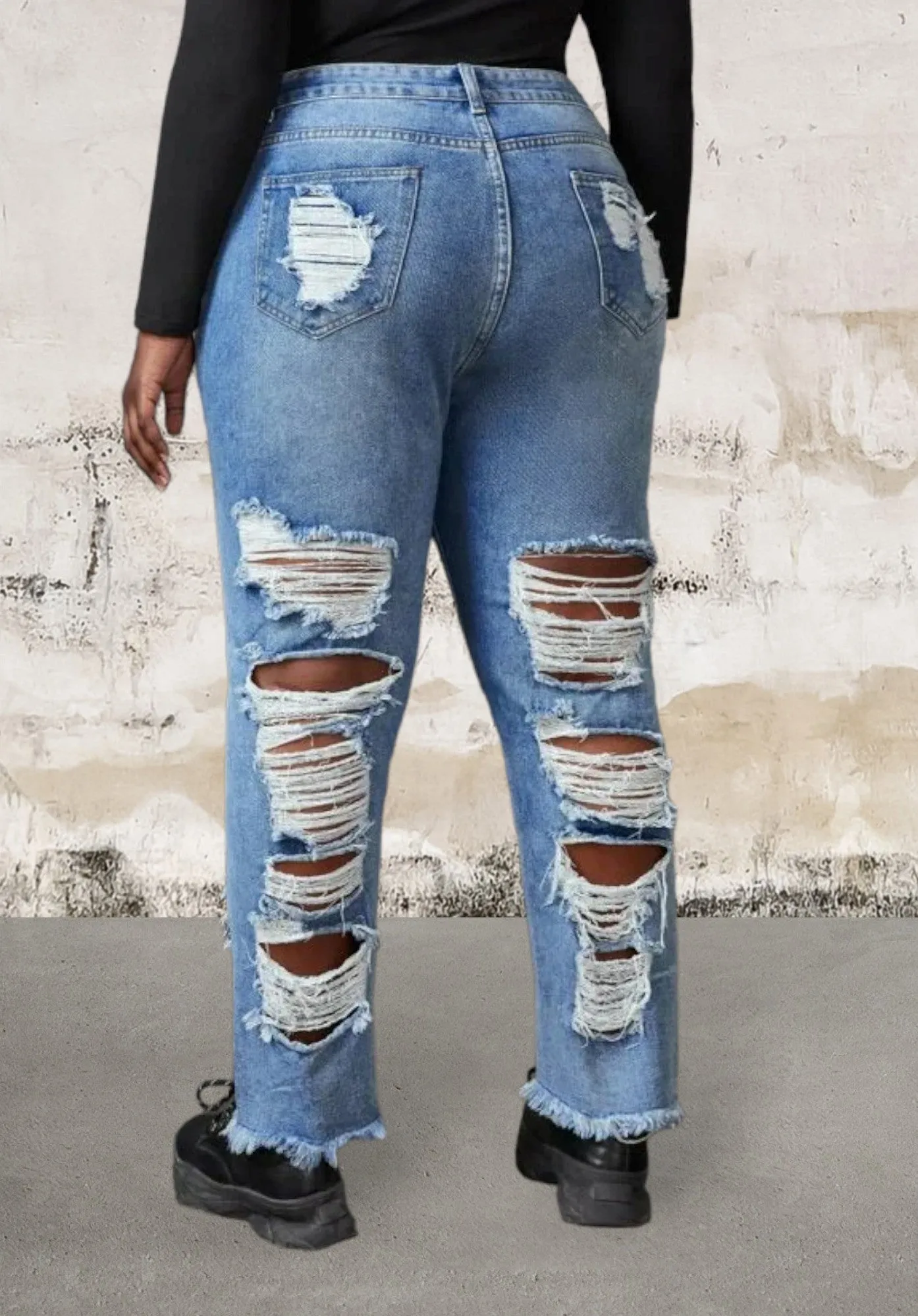 Plus size ripped raw hem jeans