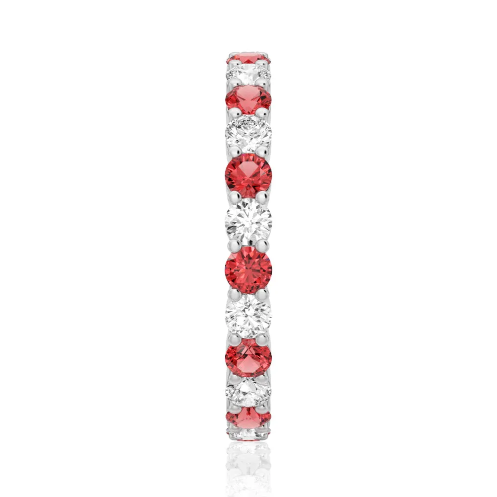 Prong-Set Ruby and White Sapphire Eternity Wedding Band