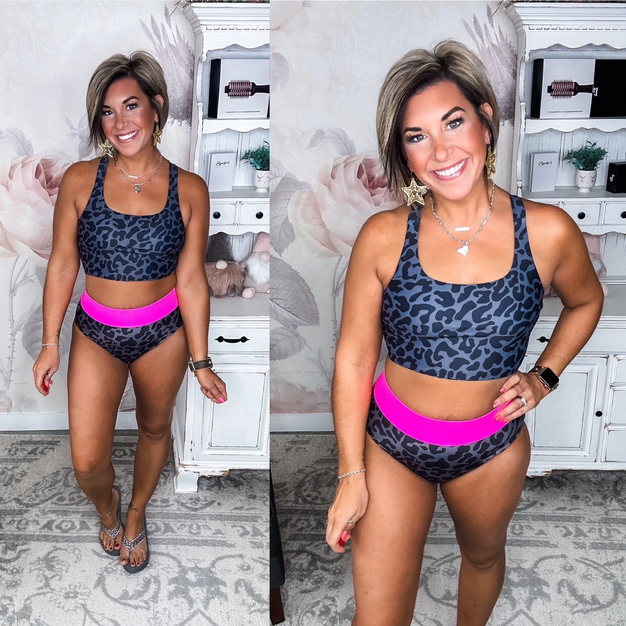 Ray Of Sunshine Swim Bottoms - Charcoal Leopard & Neon Pink