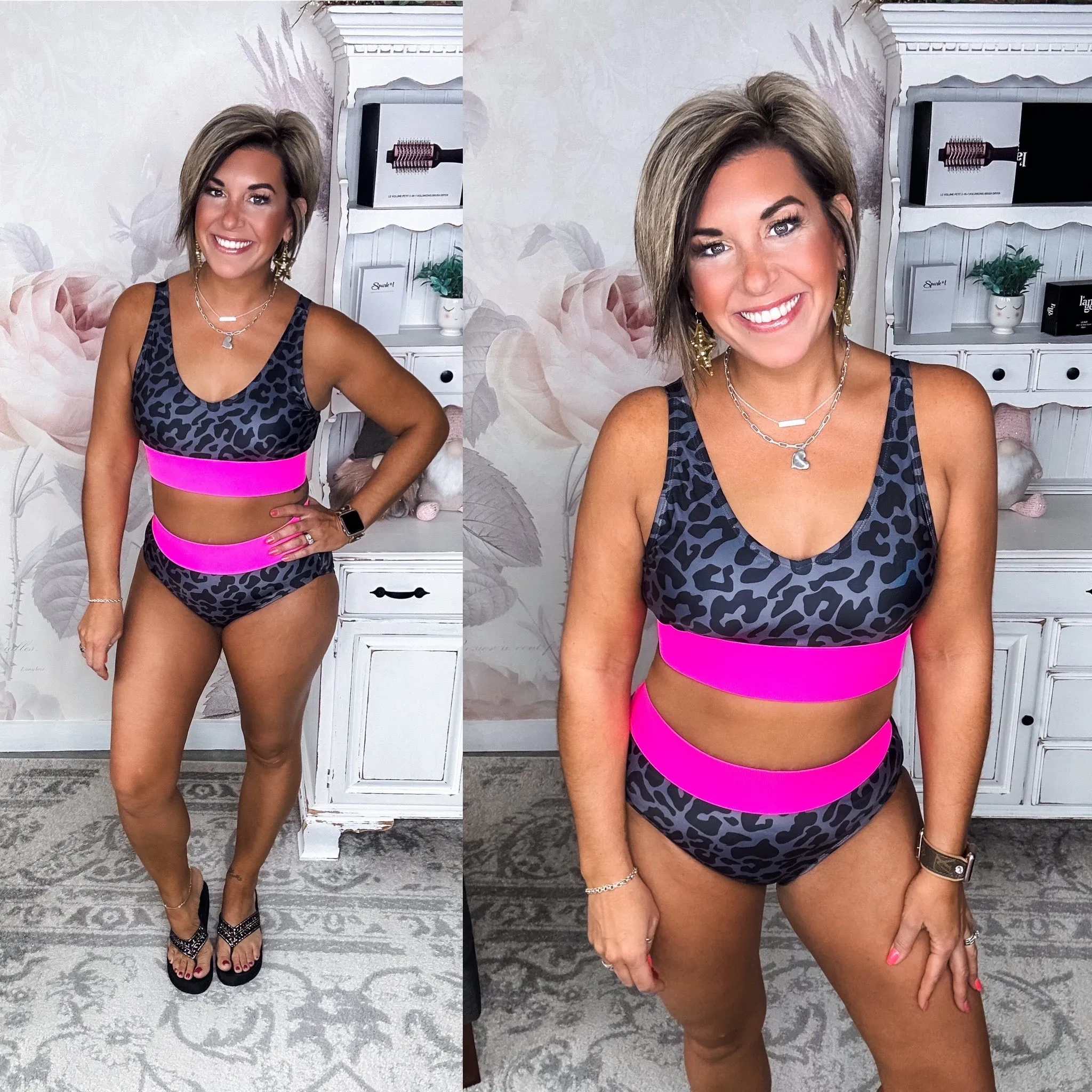 Ray Of Sunshine Swim Bottoms - Charcoal Leopard & Neon Pink