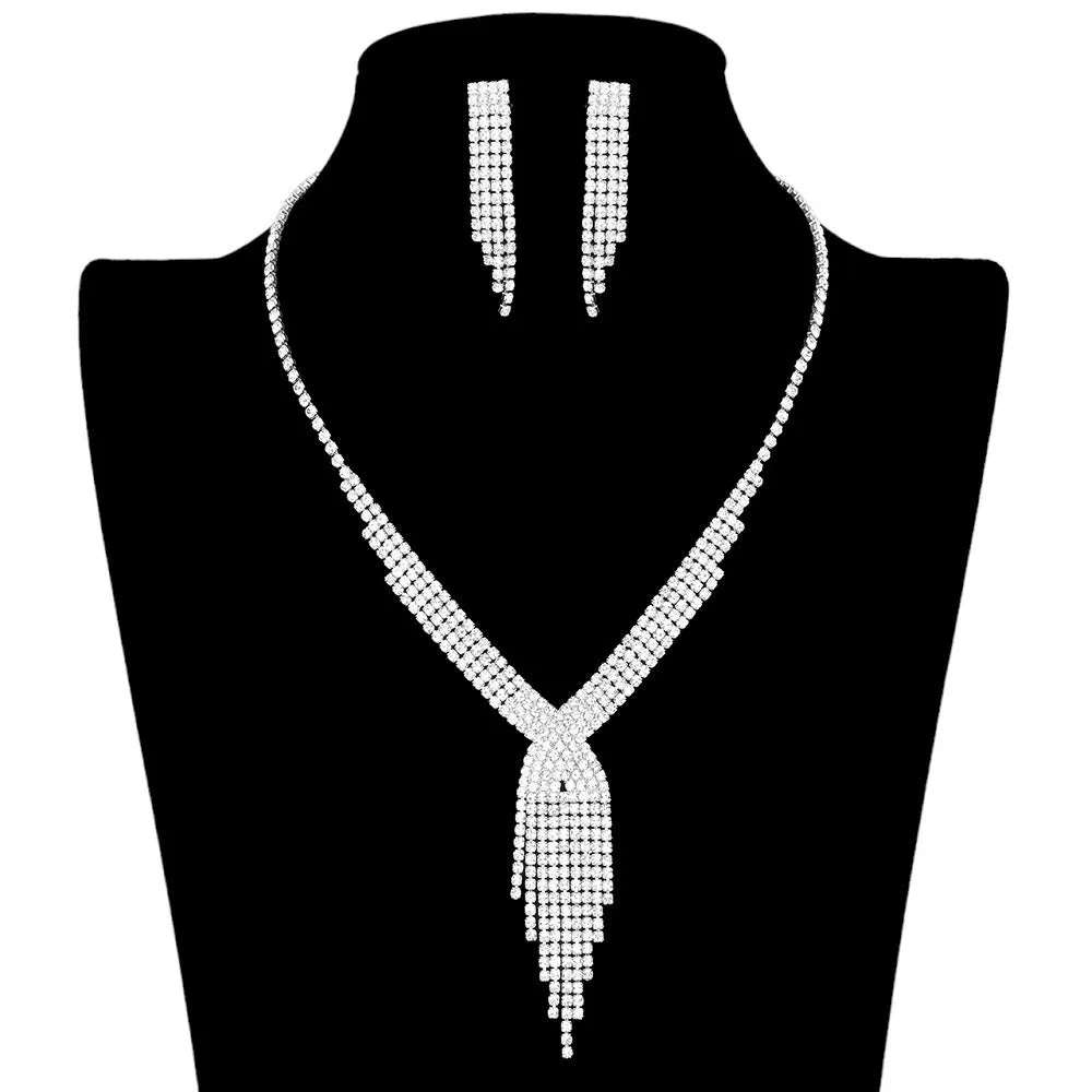 Rhinestone Fringe Necklace Earring Set