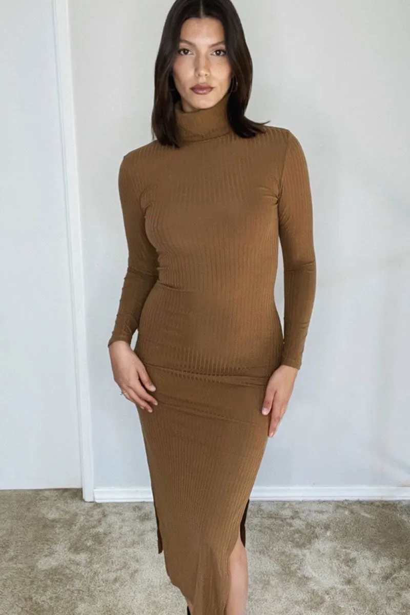 Ribbed Turtle Neck Side Slit Maxi Dress