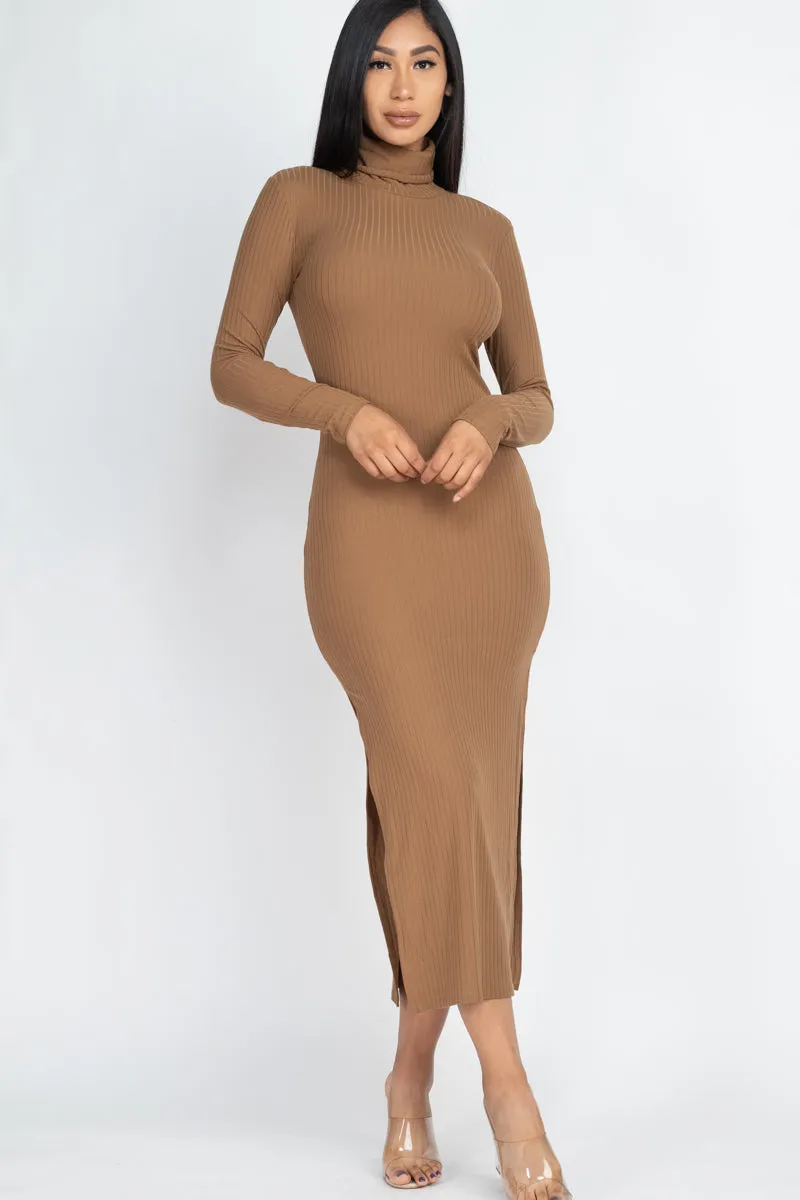 Ribbed Turtle Neck Side Slit Maxi Dress