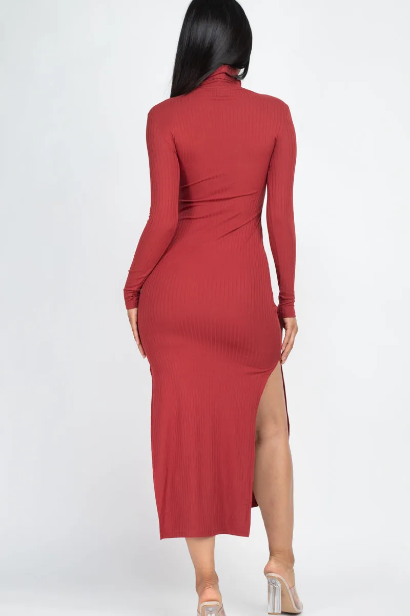 Ribbed Turtle Neck Side Slit Maxi Dress