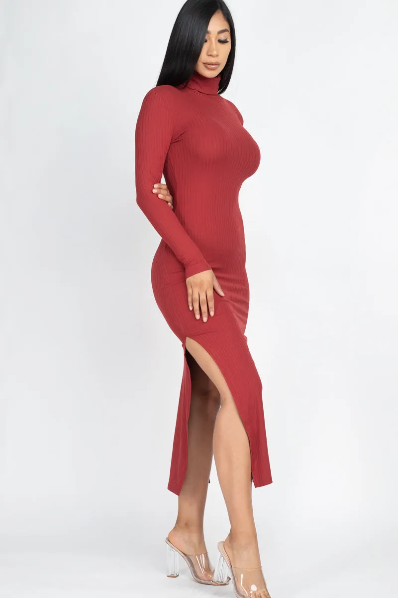 Ribbed Turtle Neck Side Slit Maxi Dress