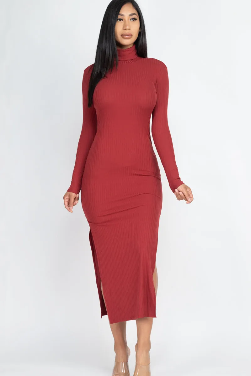 Ribbed Turtle Neck Side Slit Maxi Dress