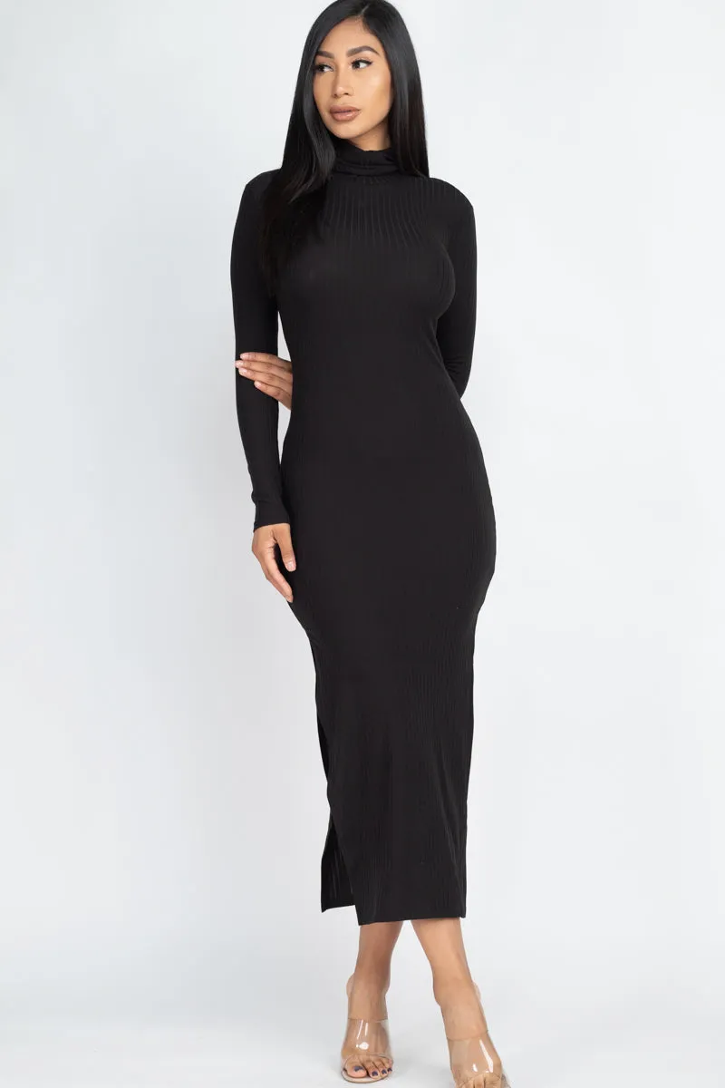 Ribbed Turtle Neck Side Slit Maxi Dress